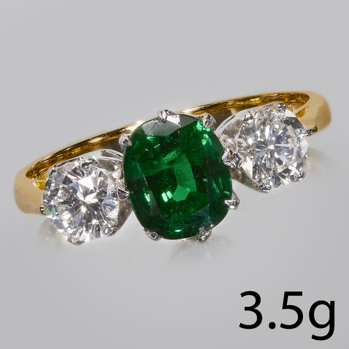 77 - GREEN GARNET AND DIAMOND 3-STONE RING.
High carat gold.
Set with vibrant rich colour green garnet ap... 