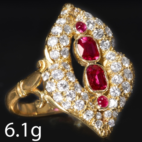 85 - RUBY AND DIAMOND RING,
6.1 grams. 18 ct. gold.
Gemstones totalling approx. 1.90 ct.
Vibrant well mat... 