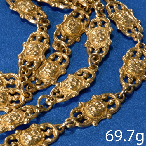 108 - FANCY LINK PIERCED CHERUB FACE DETAILED NECKLACE.
69.7 grams. High carat gold.
The links with putti ... 