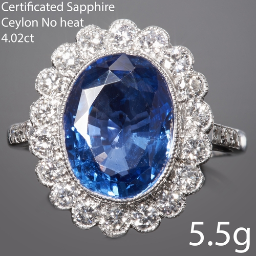 139 - CERTIFICATED CEYLON NO HEAT SAPPHIRE AND DIAMOND CLUSTER RING,
5.5 grams, Platinum
Rich and vibrant ... 