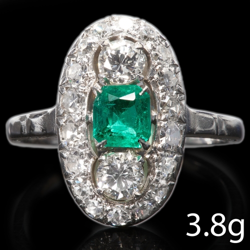 159 - ART-DECO EMERALD AND DIAMOND RING,
3.8 grams, testing 18 ct. gold and platinum.
Vibrant emerald.
Dia... 