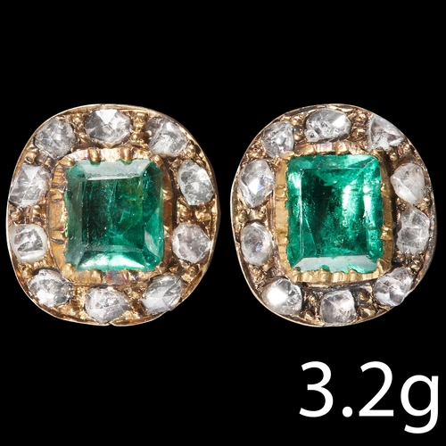 173 - ANTIQUE PAIR OF EMERALD AND DIAMOND CLUSTER EARRINGS,
3.2 grams, testing 14 ct. gold.
Vibrant emeral... 