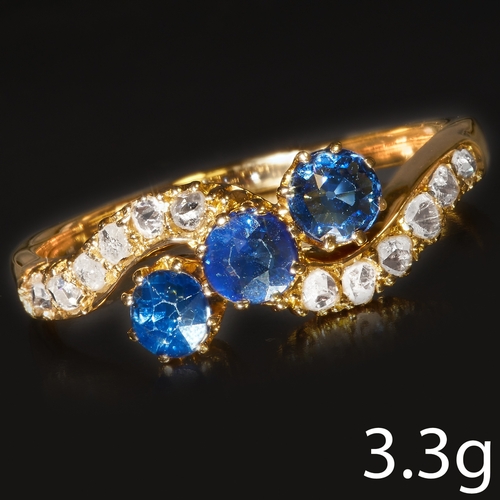 195 - SAPPHIRE AND DIAMOND TWIST RING,
3.3 grams, testing 14 ct. gold.
Gemstones totalling approx. 1.07 ct... 