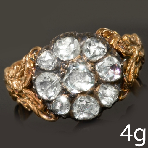 203 - ANTIQUE DIAMOND CLUSTER RING,
4 grams, testing 14 ct. gold.
Diamonds bright and lively.
Head with lo... 