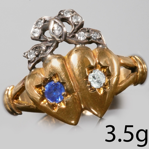 221 - ANTIQUE SAPPHIRE AND DIAMOND DOUBLE HEART RING, 
3.5 grams. 15 ct. gold. 
One heart set with a blue ... 