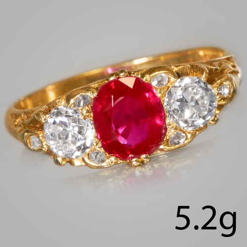 227 - FINE BURMA RUBY AND DIAMOND 3-STONE RING,
5.2 grams, 18 ct. gold.
Rich and vibrant ruby with good cl... 