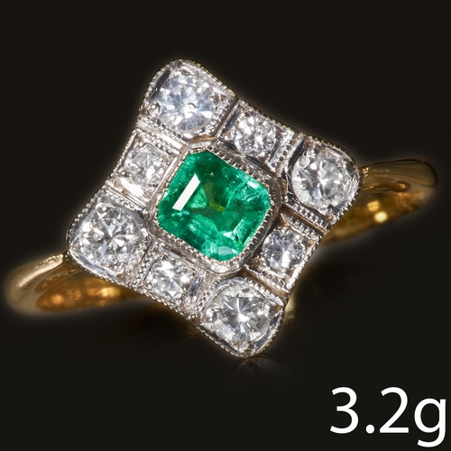 235 - EMERALD AND DIAMOND CLUSTER RING.
3.2 gram, 18 ct. gold.
Set with vibrant emerald.
The diamonds are ... 