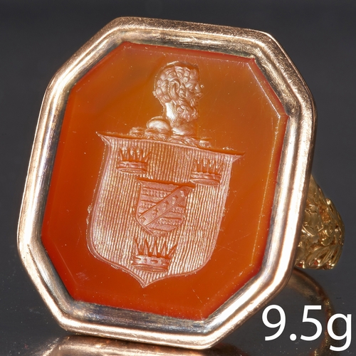 249 - ANTIQUE CARNELIAN SEAL RING,
9.5 grams, testing 14 ct. gold.
The carved carnelian intaglio depicting... 