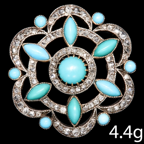 260 - EDWARDIAN TURQUOISE AND DIAMOND BROOCH. 
4.4 grams.
Bright and lively diamonds.
Diam. 2.3 cm.