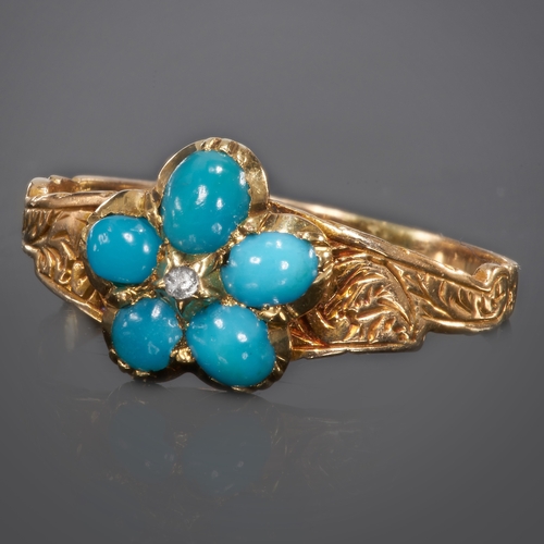 281 - VICTORIAN TURQUOISE AND DIAMOND DAISY CLUSTER RING,
Testing 14 ct. gold.
Vibrant turquoise.
Engraved... 