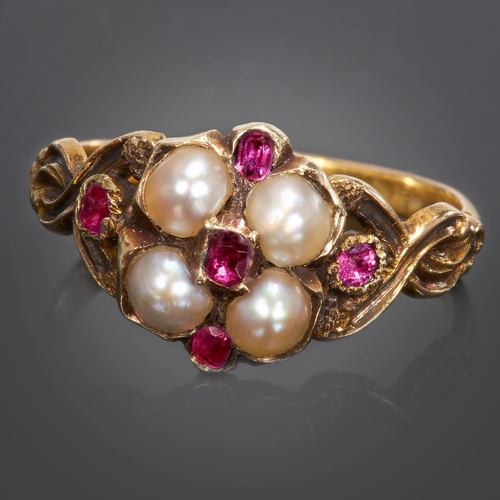 287 - VICTORIAN RUBY AND PEARL RING,
2.3 grams, testing 14 ct. gold
Pearls well matched, believed to be na... 