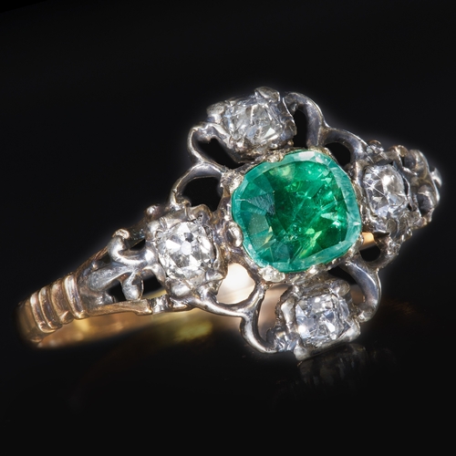 289 - GEORGIAN EMERALD AND DIAMOND RING,
Vibrant emerald. 
Diamond bright and lively
Size O 1/2. 
2.2 gram... 