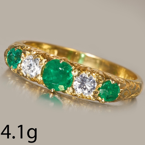 293 - EMERALD AND DIAMOND FIVE STONE RING 
4.1 grams, 18 ct. gold. 
Vibrant emeralds
bright and lively dia... 