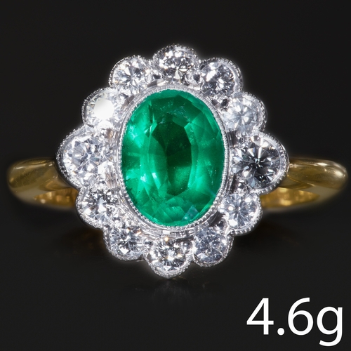 307 - EMERALD AND DIAMOND CLUSTER RING,
4.6 grams, 18 ct. gold.
Rich and vibrant emerald of approx. 1.20 c... 