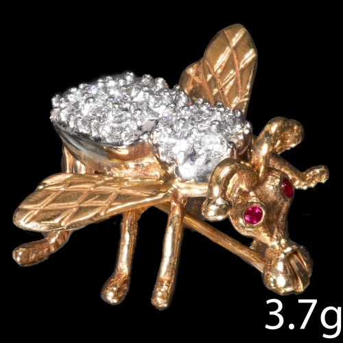 308 - DIAMOND AND RUBY FLY BROOCH. 
3.7 grams, testing 18 ct. gold
Set with bright lively diamonds and rub... 