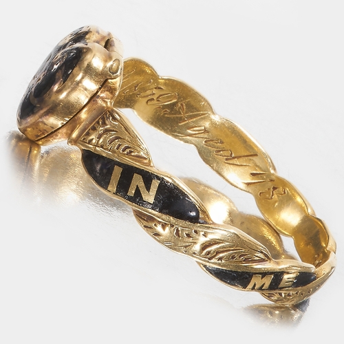 101 - RARE VICTORIAN ENAMEL HEART OPENING MEMORI RING, 1859,
2.7 grams, 18 ct. gold.
The heart and part of... 