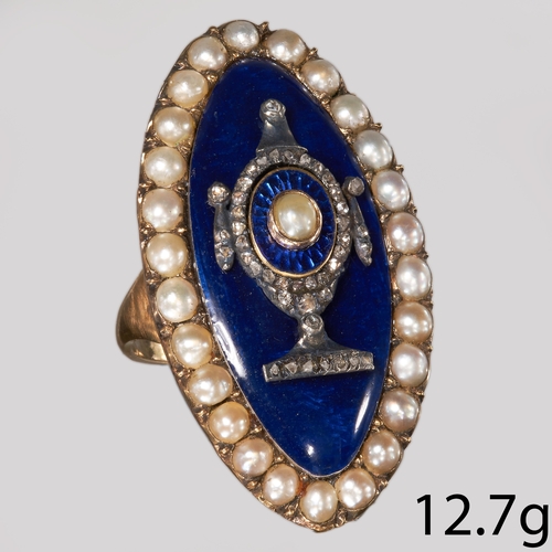 103 - ANTIQUE PEARL DIAMOND AND ENAMEL RING,
12.7 grams, testing 14 ct. gold.
The marquise shaped head sur... 
