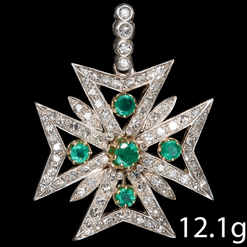 112 - FINE ANTIQUE EMERALD AND DIAMOND MALTESE CROSS PENDANT,
12.1 grams.
Rich and vibrant emeralds
Diamon... 