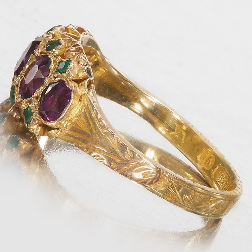 116 - ANTIQUE GARNET AND EMERALD RING,
2.9 grams, 15 ct. gold.
Vibrant garnets.
Vibrant emeralds.
Size P.