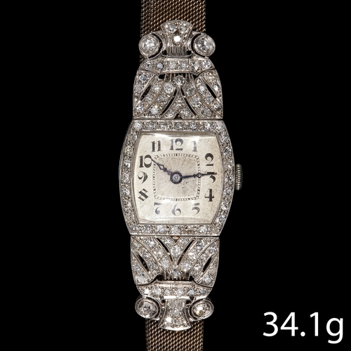 12 - FINE ART-DECO PLATINUM AND DIAMOND WRISTWATCH,
34.5 grams. 18 ct. gold.
Bright and lively diamonds t... 