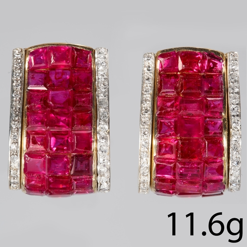 13 - FINE PAIR OF INVISIBLE/MYSTERY SET RUBY AND DIAMOND EARRINGS
11.6 grams, French, 18 ct. gold.
Rich a... 