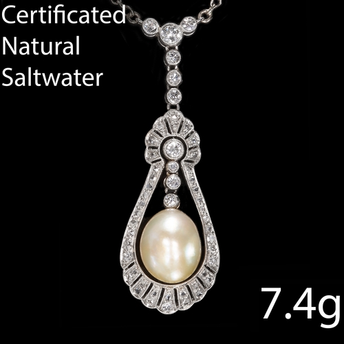 135 - BELLE EPOQUE CERTIFICATED NATURAL SALTWATER PEARL AND DIAMOND PENDANT NECKLACE,
7.4 grams, Testing a... 