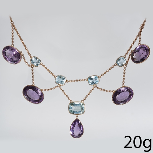 26 - VICTORIAN AQUAMARINE AND AMETHYST GOLD NECKLACE.
20 gram.
Set with vibrant aquamarines and amethyst.... 