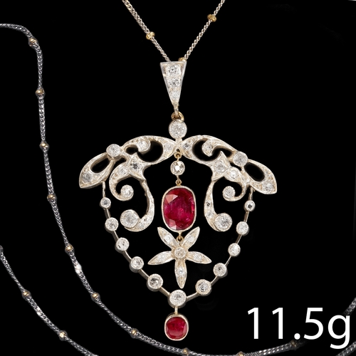 44 - BEAUTIFUL BELLE EPOQUE RUBY AND DIAMOND PENDANT/BROOCH NECKLACE.
11.5 grams
rubies are rich and vibr... 
