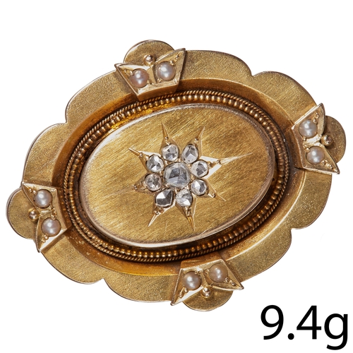 46 - VICTORIAN DIAMOND BROOCH. 
9.4 grams, testing 15 ct. gold.
Lively diamonds.
Pearls well matched.
L  ... 