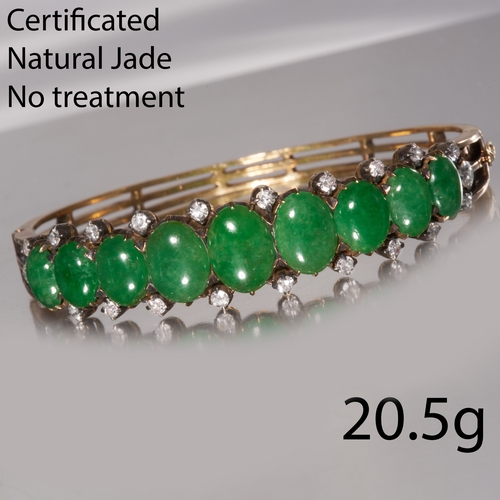 48 - CERTIFICATED JADE AND DIAMOND HINGED BANGLE,
20.5 grams, testing 18 ct. gold.
Fine green jade, large... 