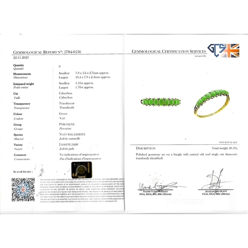 48 - CERTIFICATED JADE AND DIAMOND HINGED BANGLE,
20.5 grams, testing 18 ct. gold.
Fine green jade, large... 