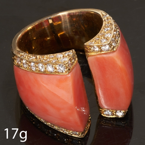 78 - FINE CORAL AND DIAMOND RING,
17 grams, 18 ct. gold. Italian.
Corals well matched.
Diamonds bright an... 
