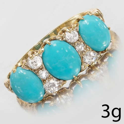 80 - ANTIQUE TURQUOISE AND DIAMOND 3-STONE RING,
3 grams, testing 14 ct. gold.
Vibrant turquoise.
Diamond... 