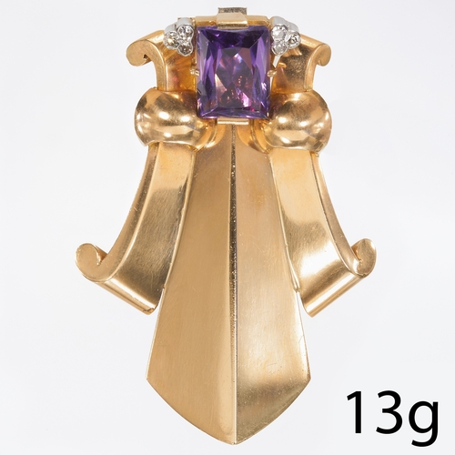 9 - VINTAGE AMETHYST AND DIAMOND CLIP BROOCH,
13 grams, stamped 14 ct. and pt. clip 9 ct.
Of stylized fl... 