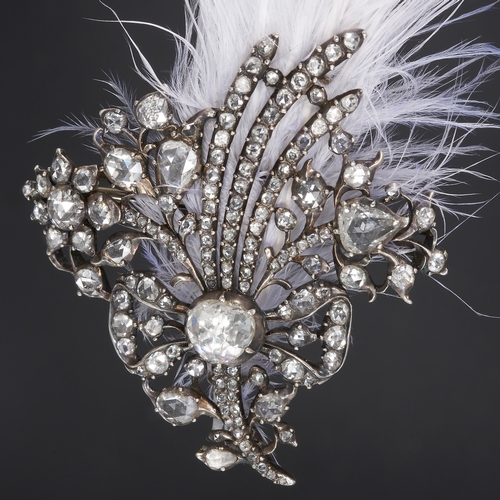 38 - RARE GEORGIAN 18TH CENTURY AIGRETTE DIAMOND AND FEATHER BROOCH, 
9.8 grams.
Diamonds totalling appro... 