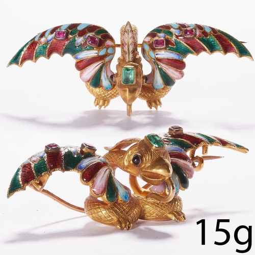1 - FINE AND RARE ANTIQUE ENAMEL EMERALD AND RUBY MYTHICAL BIRD BROOCH,
15 grams, testing 18 ct. gold.
T... 