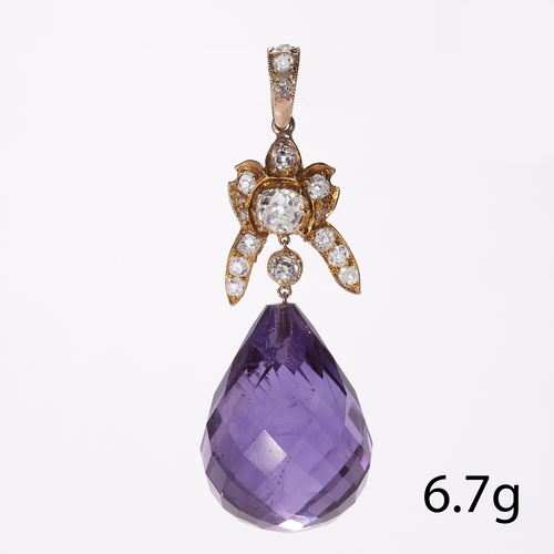 10 - LARGE AMETHYST AND DIAMOND PENDANT,
6.7 grams, testing 14 ct. gold.
Large briolet cut amethyst of ap... 