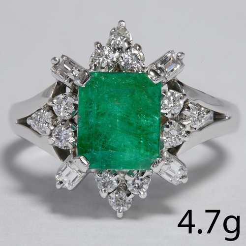 11 - EMERALD AND DIAMOND CLUSTER RING,
4.7 grams, 18 ct. gold.
Gemstones totalling approx. 2.80 ct.
Emera... 