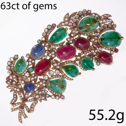 23 - LARGE AND RARE TUTTI-FRUTTI EMERALD RUBY SAPPHIRE AND DIAMOND BROOCH
55.2 grams.
Gemstones totalling... 