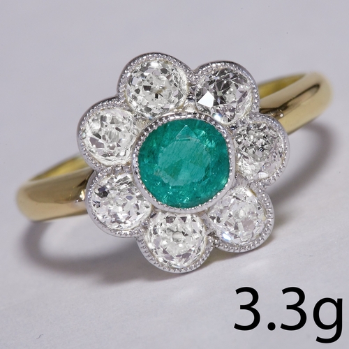 3 - EMERALD AND DIAMOND CLUSTER RING,
3.3 grams, 18 ct. gold.
Vibrant emerald.
Diamonds bright and livel... 