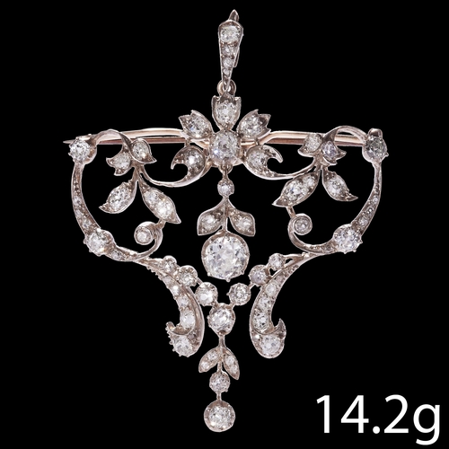 30 - FINE BELLE EPOQUE DIAMOND BROOCH/PENDANT,
14.2 grams, High carat gold and silver.
Largest diamond ap... 