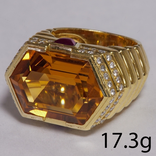 49 - VINTAGE CITRINE, AMETHYST AND DIAMOND RING,
17.3 grams, French, 18 ct. gold.
Vibrant hexagonal citri... 