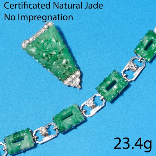 110 - CERTIFICATED ART-DECO JADE AND DIAMOND CLIP BROOCH AND JADE BRACELET, 
23.4 grams. 
Natural green ja... 