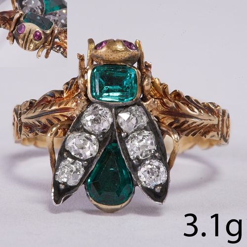 111 - RARE ANTIQUE EMERALD AND DIAMOND FLY RING,
3.1 grams. High carat gold.
Vibrant emeralds.
Bright and ... 