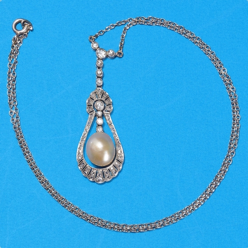 135 - BELLE EPOQUE CERTIFICATED NATURAL SALTWATER PEARL AND DIAMOND PENDANT NECKLACE,
7.4 grams, Testing a... 