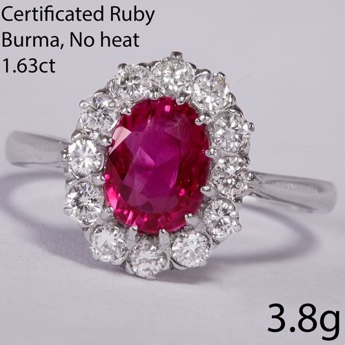 67 - CERTIFICATED 1.63 CT. BURMA RUBY AND DIAMOND CLUSTER RING,
3.8 grams, Platinum.
Gemstones totalling ... 