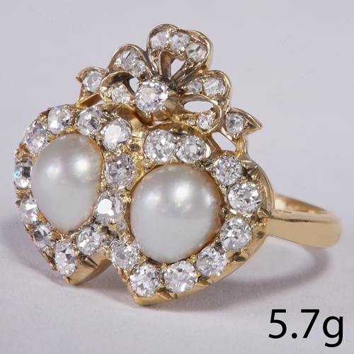 82 - ANTIQUE PEARL AND DIAMOND DOUBLE HEART RING, 
5.7 grams, testing 18 ct. gold.
Well matched pearls, t... 