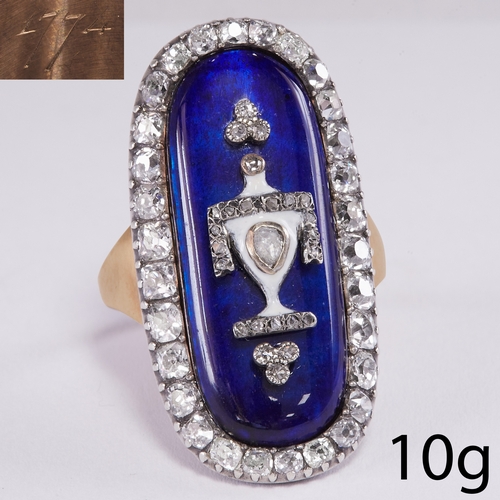 95 - FINE AND RARE ANTIQUE GEORGIAN ENAMEL AND DIAMOND RING,
10 grams.
Finely set with a diamond set urn.... 