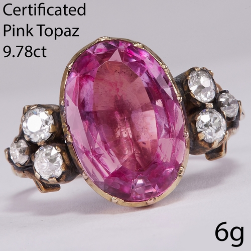 99 - CERTIFICATED PINK TOPAZ AND DIAMOND RING,
6 grams, testing 18 ct. gold.
Rich and vibrant pink topaz ... 