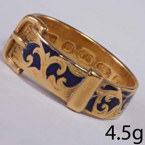 109 - UNUSUAL ANTIQUE ENAMEL BUCKLE RING.
4.5 grams. 18 ct. gold.
Enamel in good condition.
Size: L